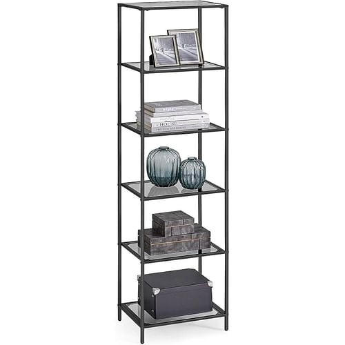 Narrow Glass Shelves Bookcase 5-Shelf Shelving Unit with Black Grey