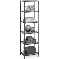 Narrow Glass Shelves Bookcase 5-Shelf Shelving Unit with Black Grey