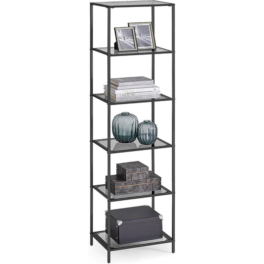 Narrow Glass Shelves Bookcase 5-Shelf Shelving Unit with Black Grey