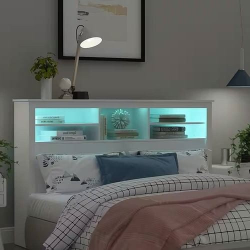 Full / Queen Modern Bookcase Headboard with LED Lights in White Wood