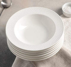 White Porcelain Deep Plate With Embossed Wide Rim 9" inch | Set Of 6