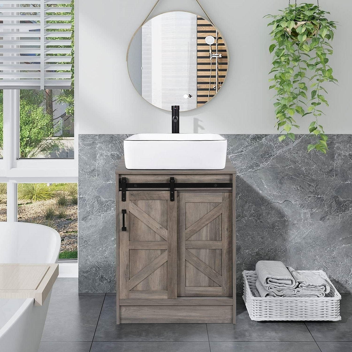 Farmhouse Modern Bathroom Vanity in Rustic Wooden Finish with White