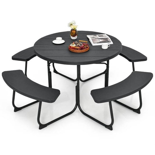 Black Outdoor Metal and HDPE Picnic Table Bench Set with Umbrella Hole