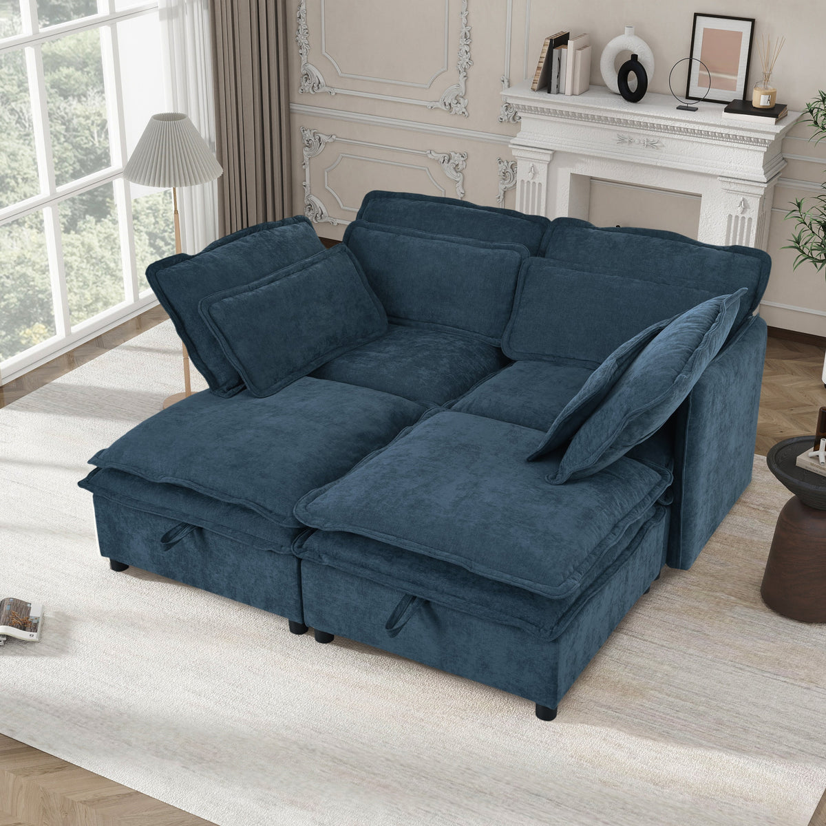 Double-Layer Cushion Modular Sofa, Freely Combinable, 4-Seater with