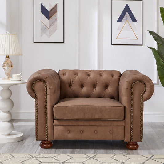 Classic Chesterfield Sofa Chair for Living Room Brown Faux Leather