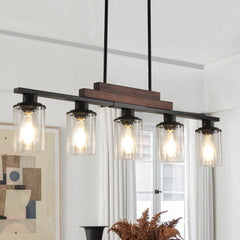 Farmhouse Industrial 5-Light Kitchen Island Pendant Light, Metal Wood