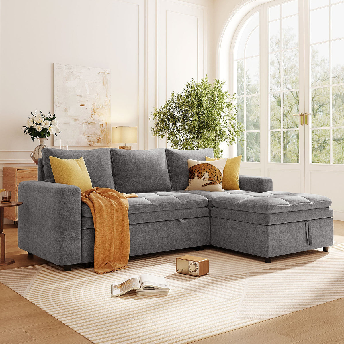 Soft Upholstered Sectional Sofa Bed with Storage Space, Suitable for