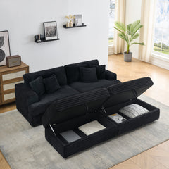 82 inches black corduroy sofa, two storage feet +4 throw pillows,