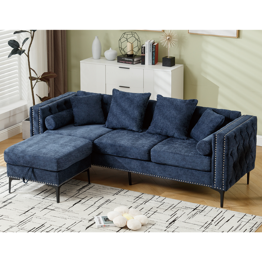 L Shaped Sectional Sofa , Convertible Storage Ottoman,Chenille ,Square