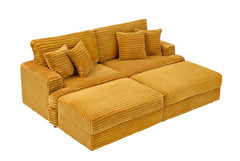 82 inches orange corduroy sofa, two storage feet +4 throw pillows,