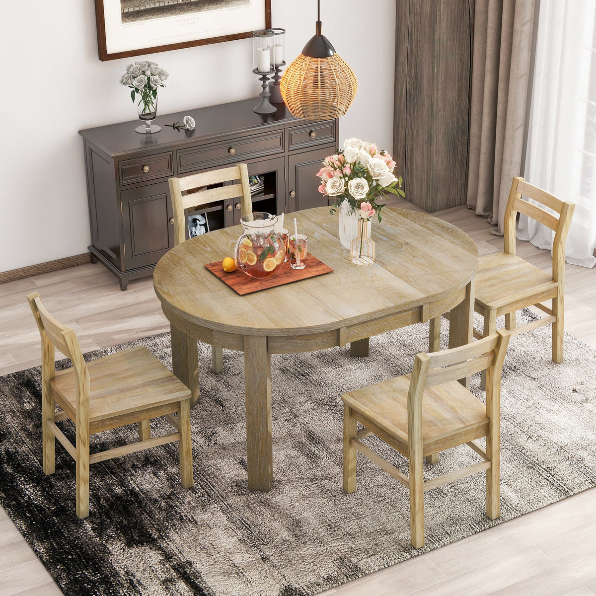 Farmhouse 5-Piece Extendable Round Dining Table Set with Storage