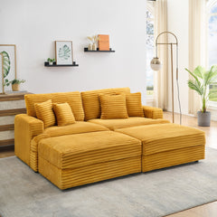 82 inches orange corduroy sofa, two storage feet +4 throw pillows,