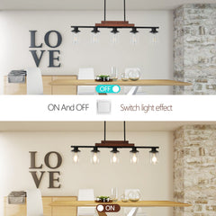 Farmhouse Industrial 5-Light Kitchen Island Pendant Light, Metal Wood