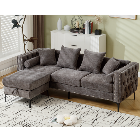 L Shaped Sectional Sofa , Convertible Storage Ottoman,Chenille ,Square