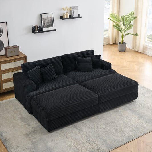 82 inches black corduroy sofa, two storage feet +4 throw pillows,